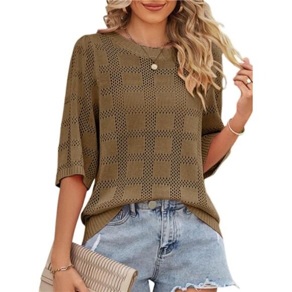 Women's Casual 3/4 Sleeve Loose Tunic Tops ,Crochet Knit Summer Sweaters Blouses - Picture 2 of 7